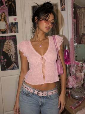 Women's Pink Rose Floral Mesh Babydoll Cardigan Top Size M